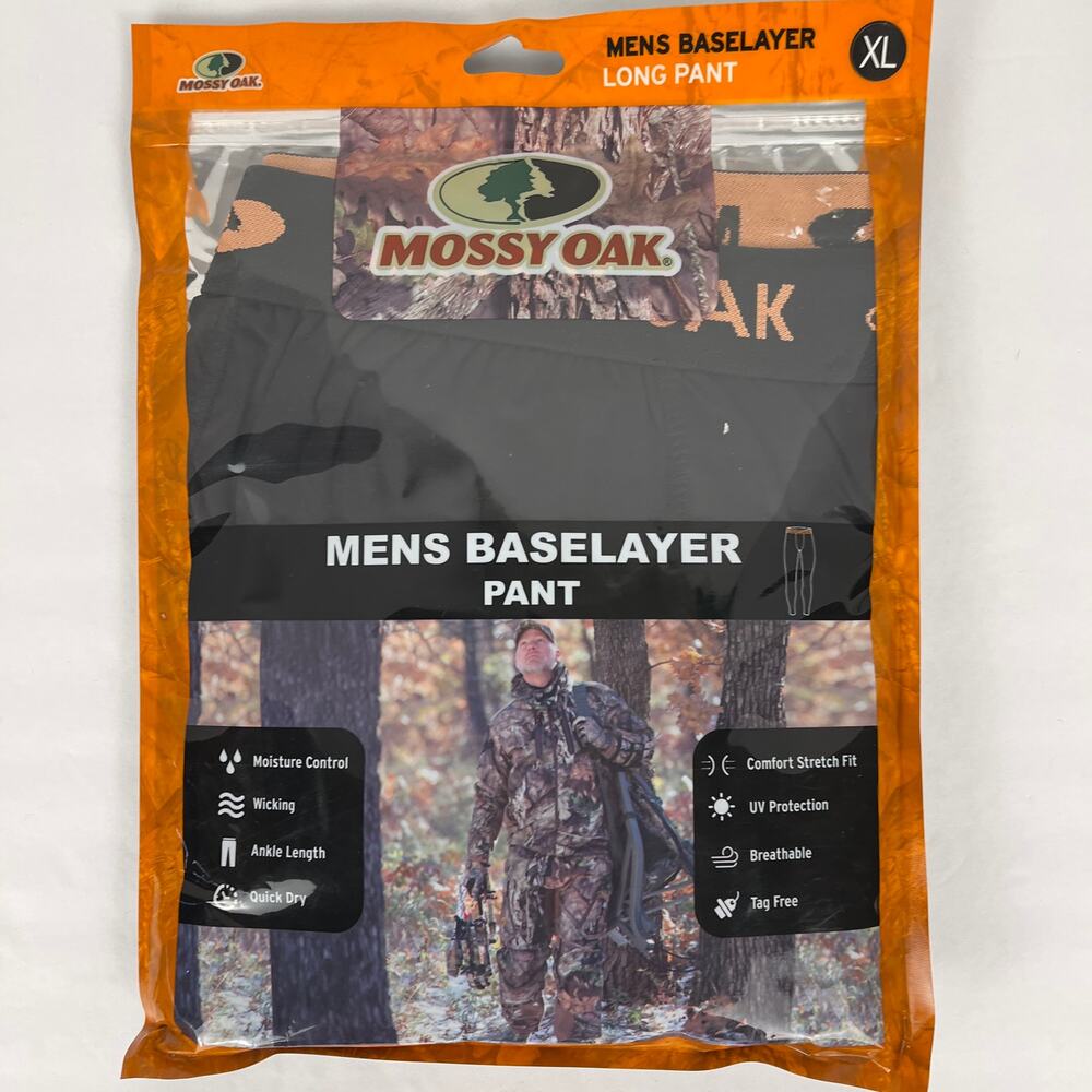 Mossy Oak Baselayer Long Pant Men XL Black Wicking Stretch Tag Free Ankle Length
